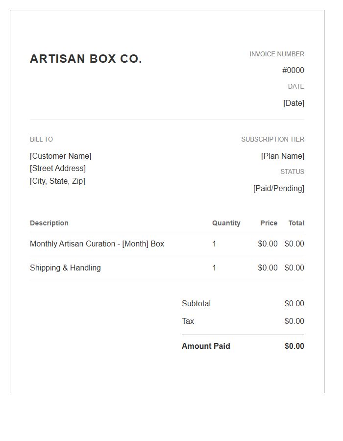 Artisan Subscription Box Monthly Invoice Template