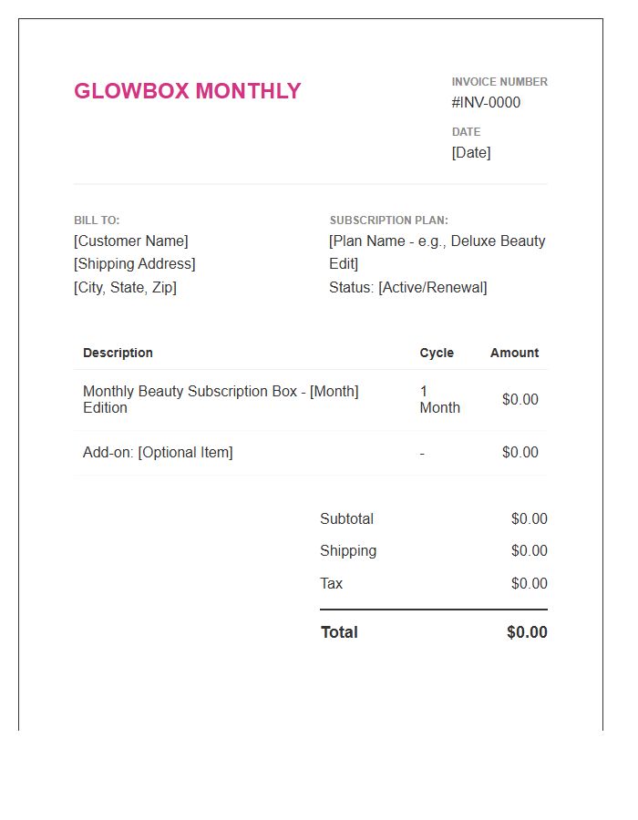 Beauty Subscription Box Monthly Invoice Template