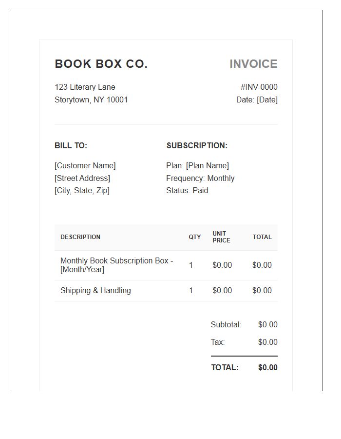 Book Subscription Box Monthly Invoice Template