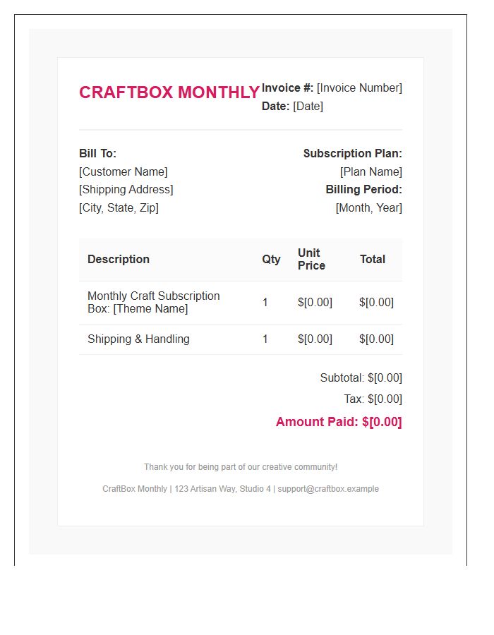 Craft Subscription Box Monthly Invoice Template