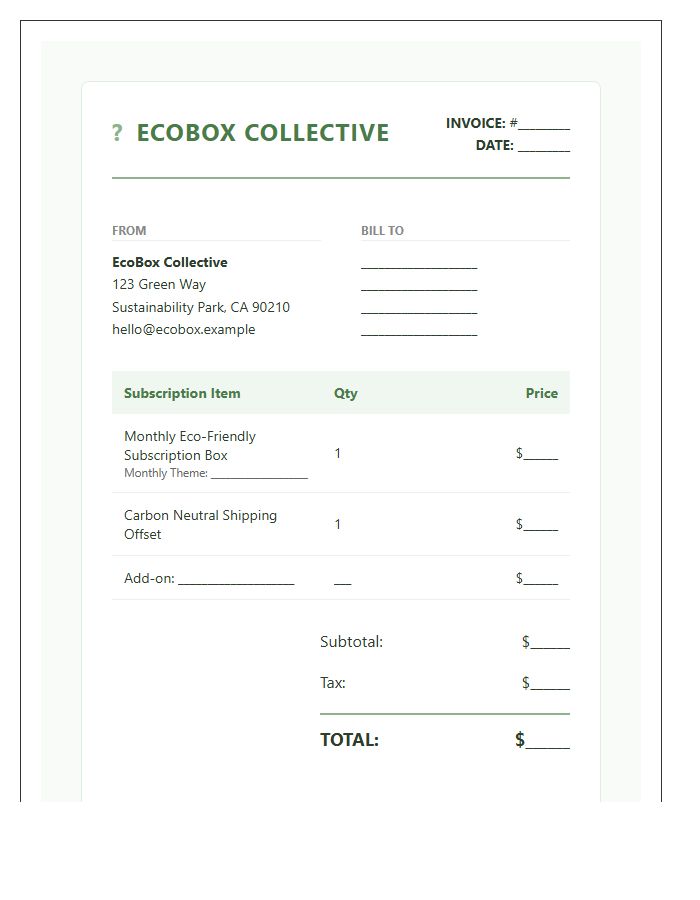 Eco Friendly Subscription Box Monthly Invoice Template