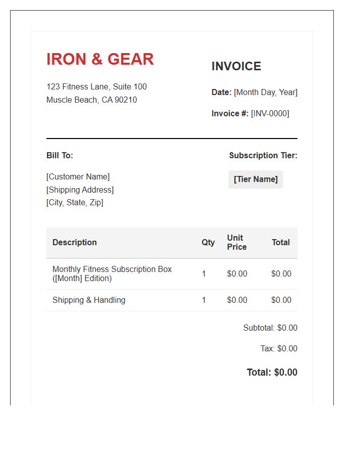 Fitness Subscription Box Monthly Invoice Template