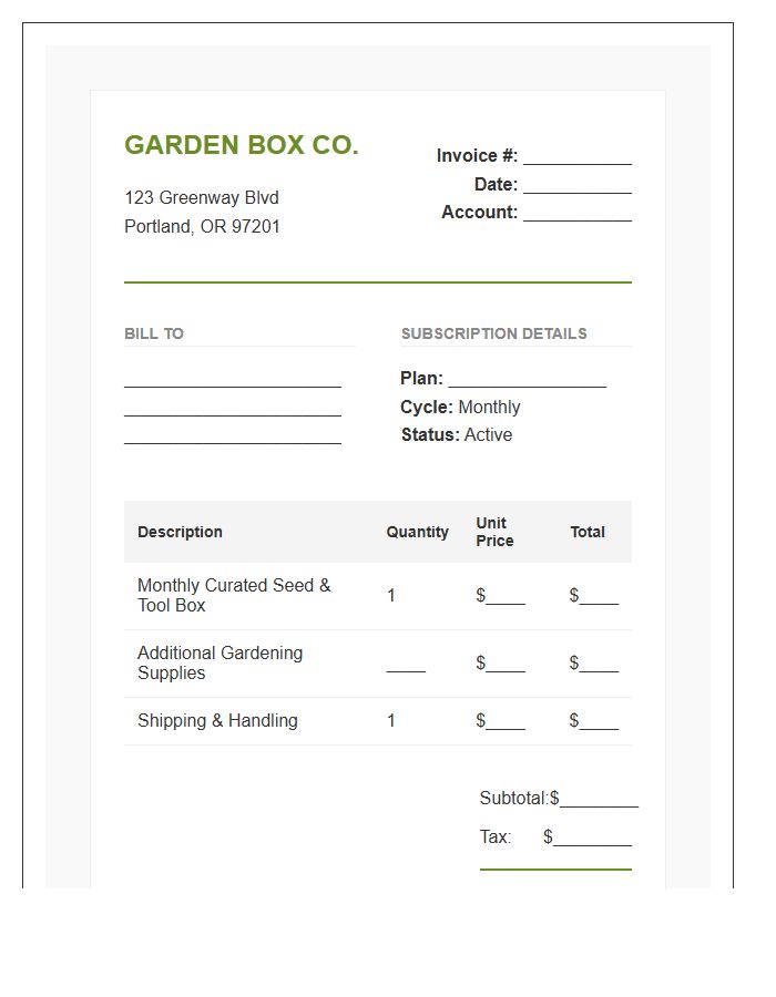 Garden Subscription Box Monthly Invoice Template