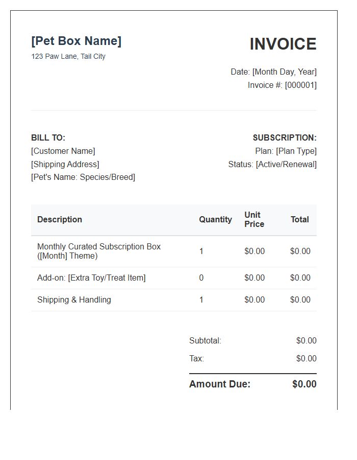 Pet Subscription Box Monthly Invoice Template