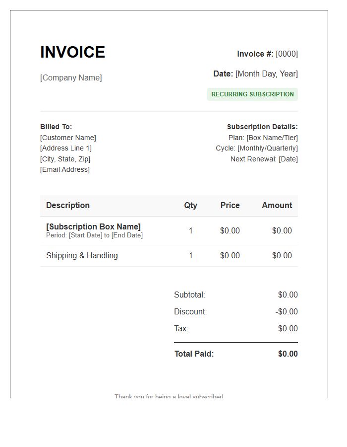 Recurring Subscription Box Billing Invoice Template