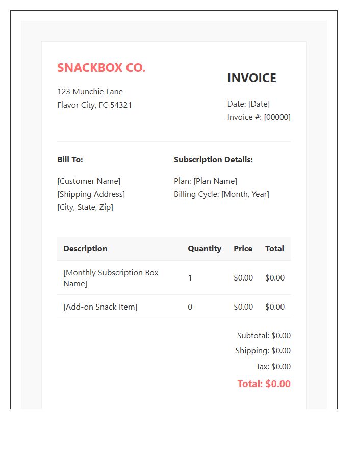 Snack Subscription Box Monthly Invoice Template
