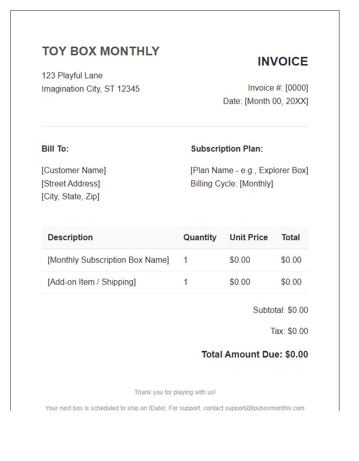 Toy Subscription Box Monthly Invoice Template