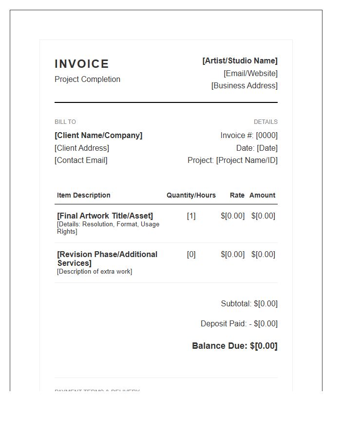 Digital Art Project Completion Invoice Template