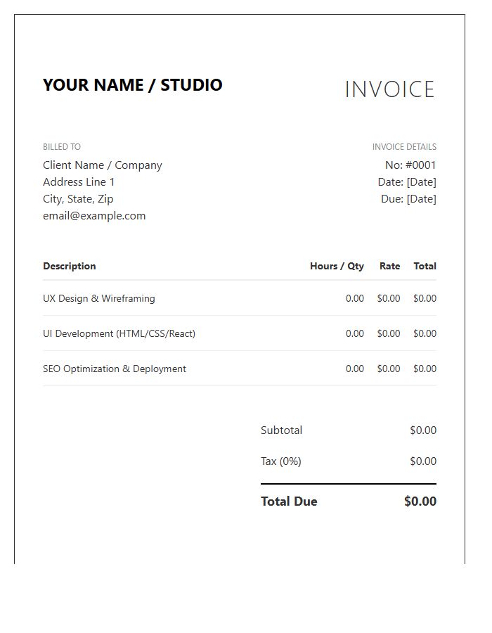 Web Design Freelance Project Invoice Template