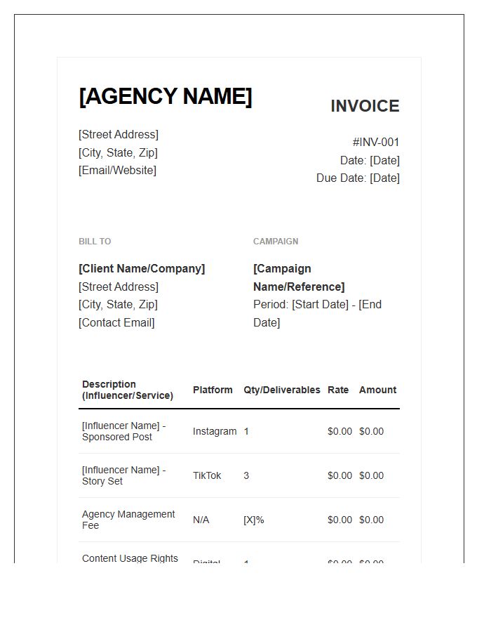 Influencer Marketing Agency Invoice Template