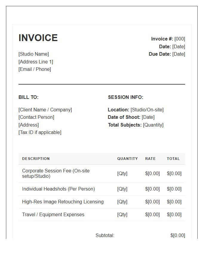 Corporate Headshot Photography Invoice Template