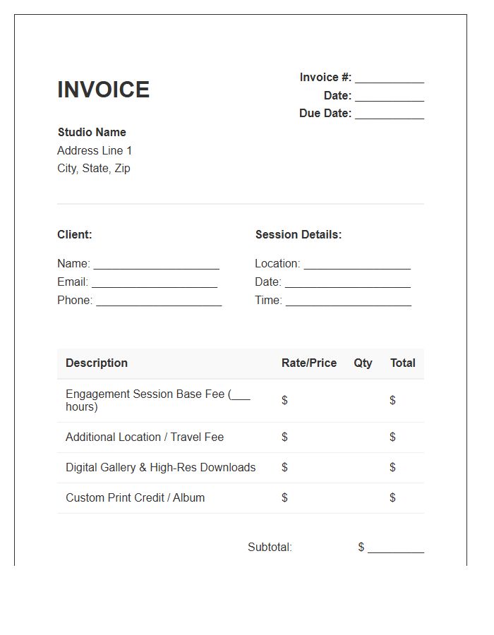 Engagement Photography Session Invoice Template