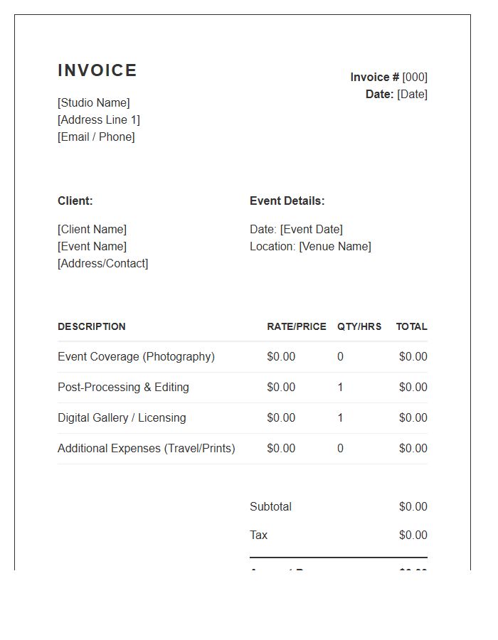 Event Photography Service Billing Invoice Template