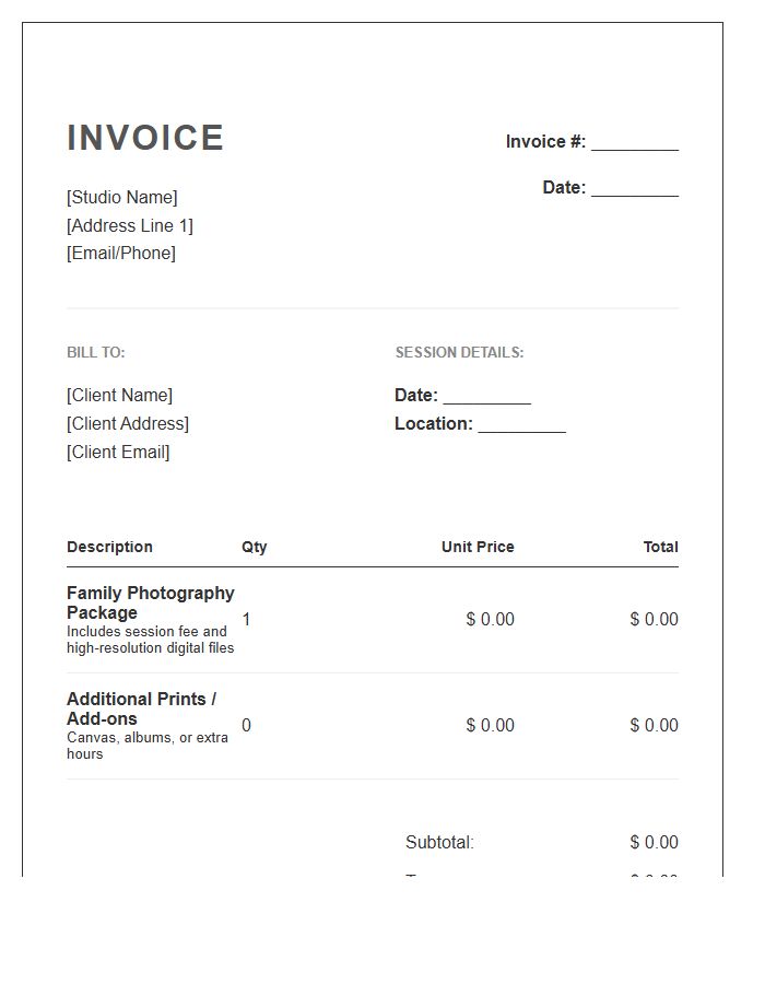 Family Photography Package Invoice Template