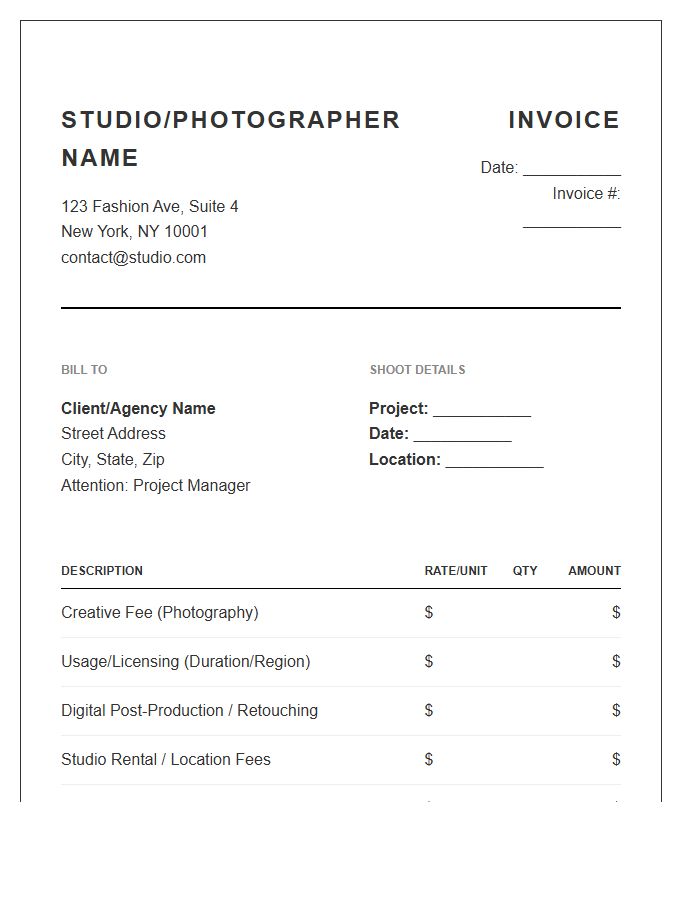 Fashion Photography Shoot Invoice Template
