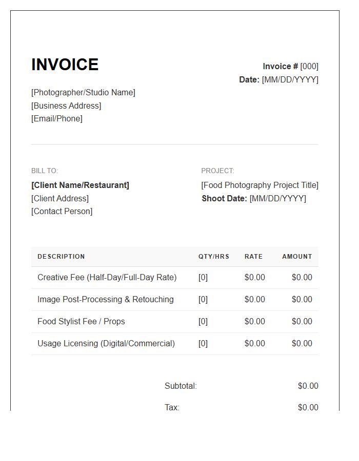 Food Photography Project Invoice Template