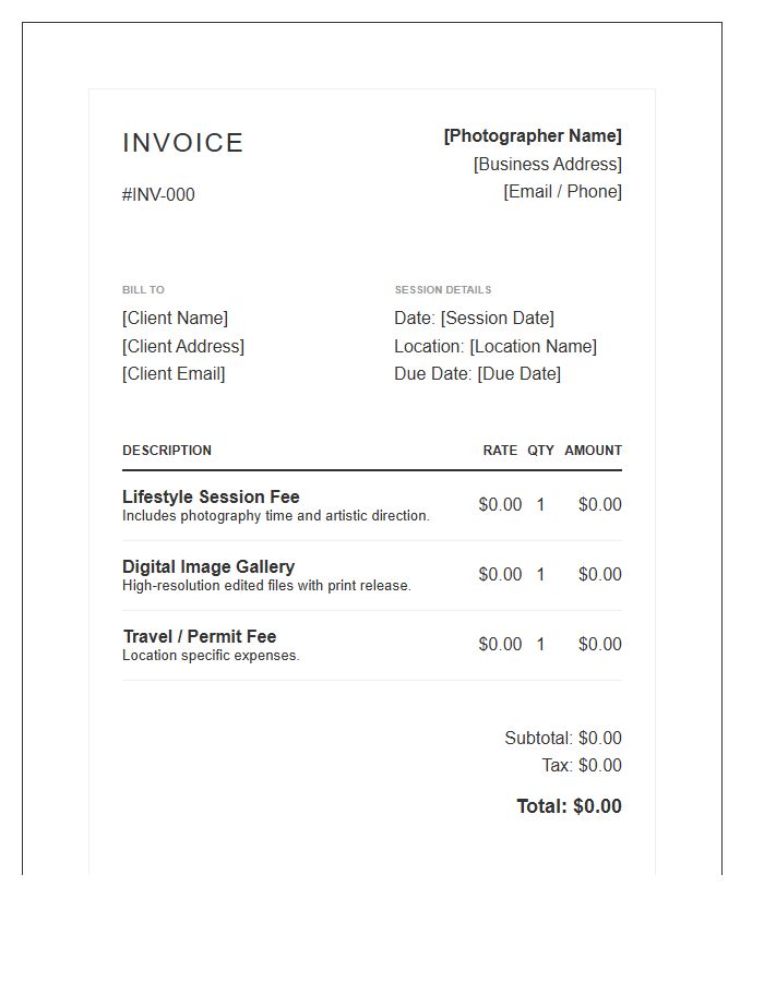 Lifestyle Photography Session Invoice Template