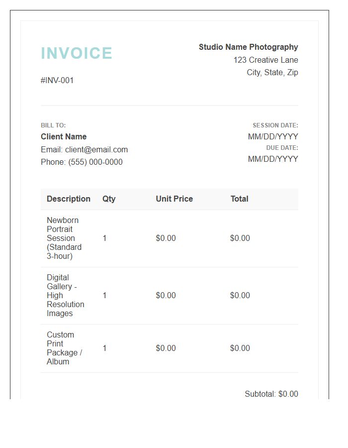 Newborn Photography Session Invoice Template