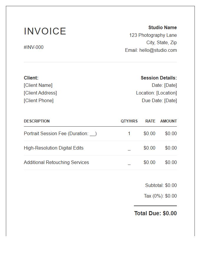 Portrait Photography Session Invoice Template