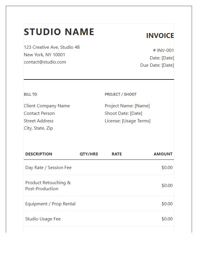 Product Photography Studio Invoice Template