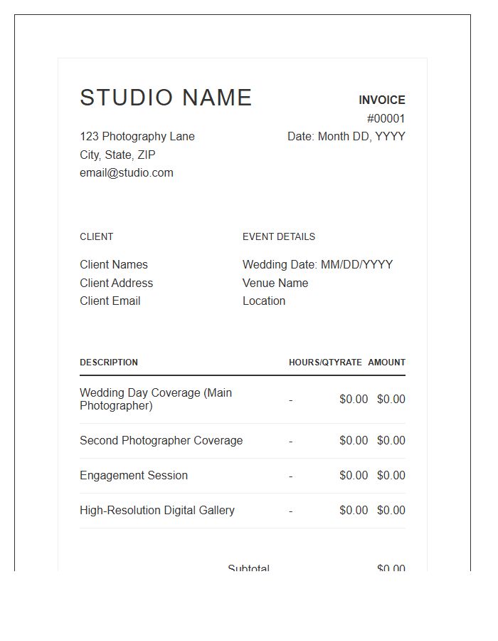 Wedding Photography Professional Service Invoice Template