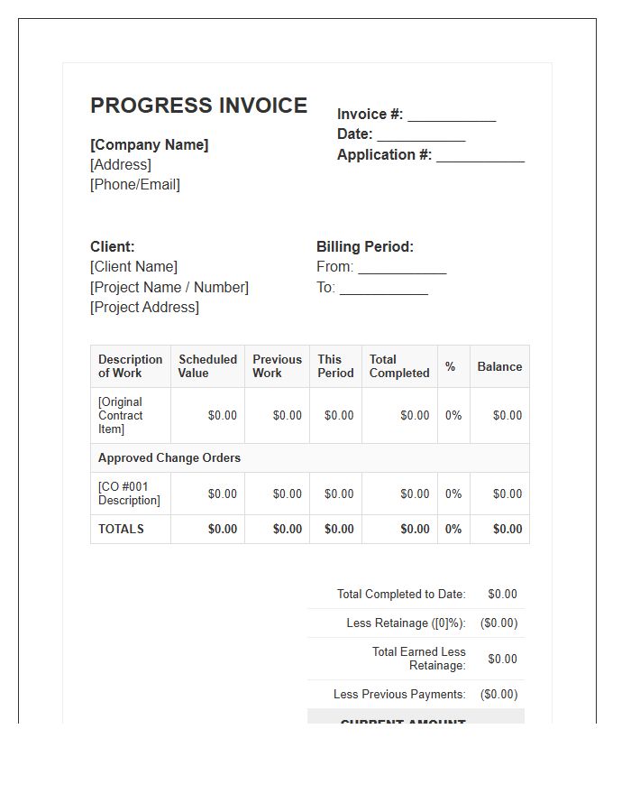 Change Order Inclusive Progress Invoice Template