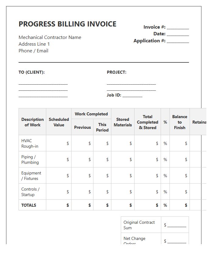 Commercial Mechanical Progress Billing Invoice Template