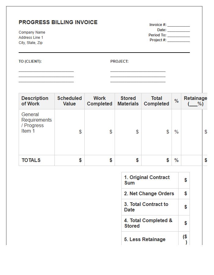 Construction Retainage Progress Billing Invoice Template