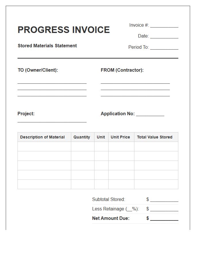 Construction Stored Materials Progress Invoice Template