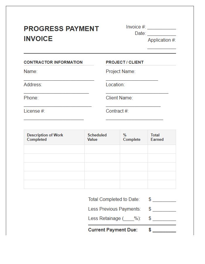 Contractor Progress Payment Invoice Template