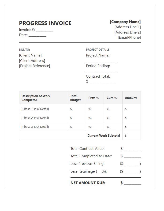 Detailed Work Completed Progress Invoice Template