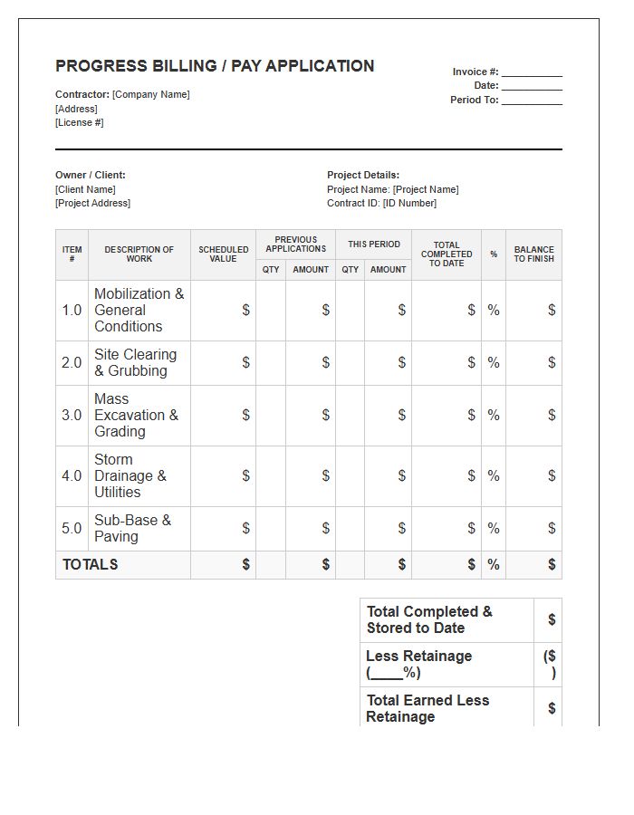 Heavy Civil Construction Progress Invoice Template