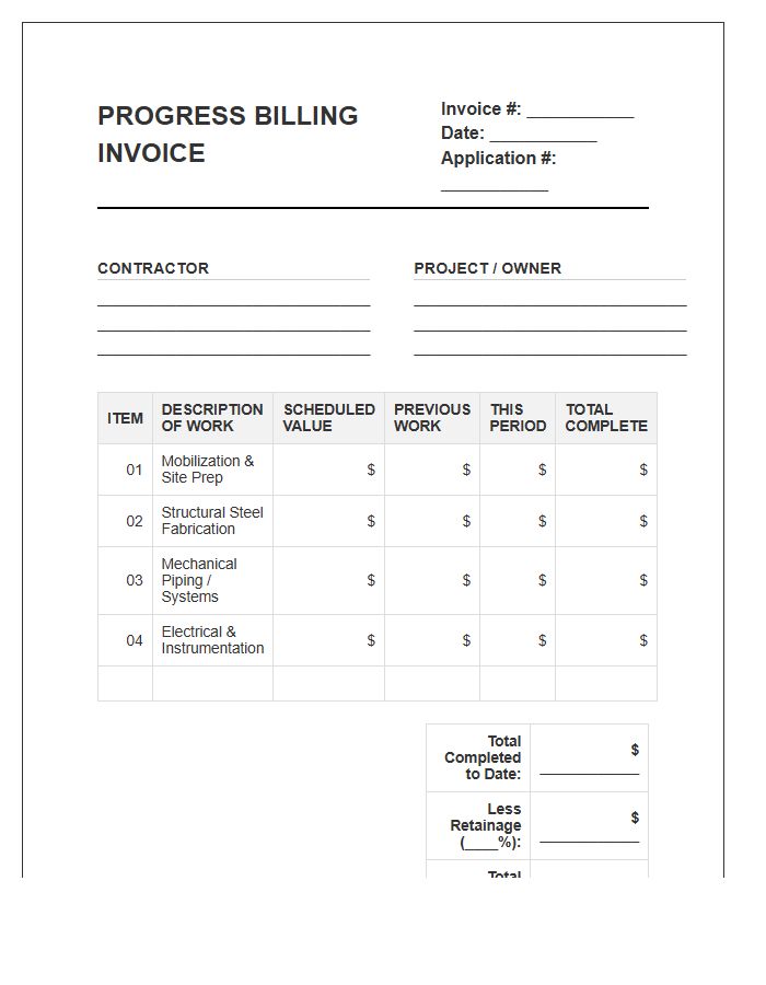 Industrial Construction Progress Billing Invoice Template