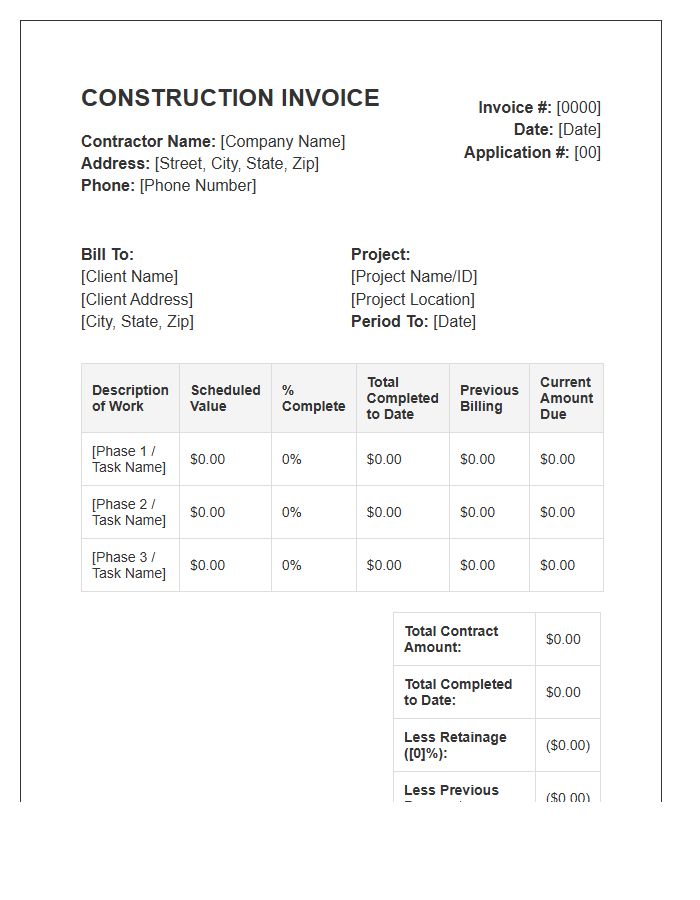 Percentage Of Completion Construction Invoice Template