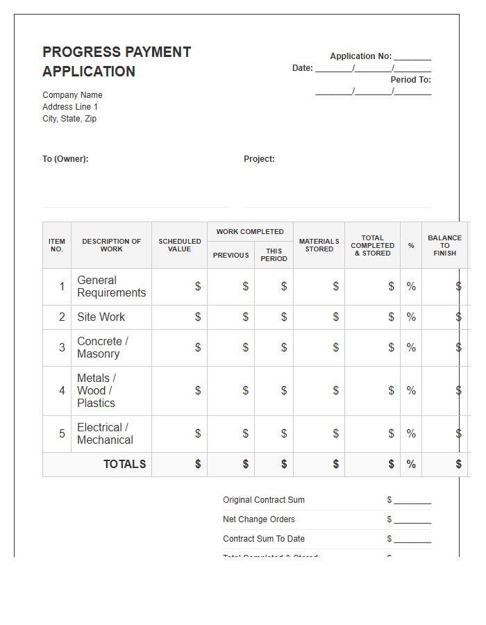 Schedule Of Values Progress Billing Invoice Template