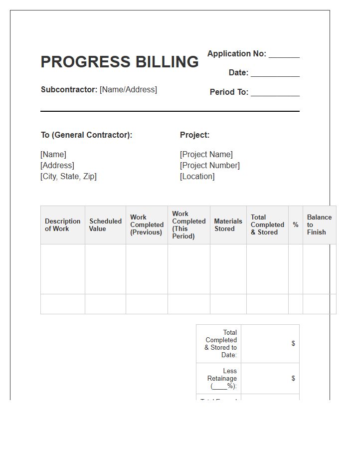 Subcontractor Monthly Progress Billing Invoice Template