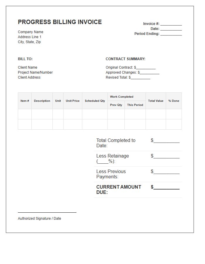 Unit Price Progress Billing Invoice Template