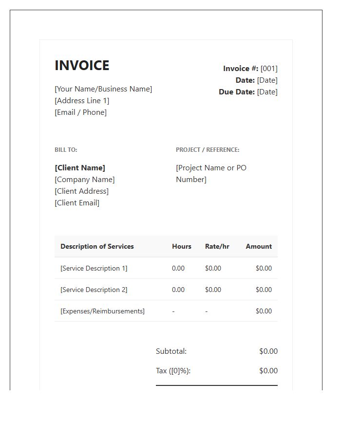 Comprehensive Independent Contractor Hourly Rate Invoice Template