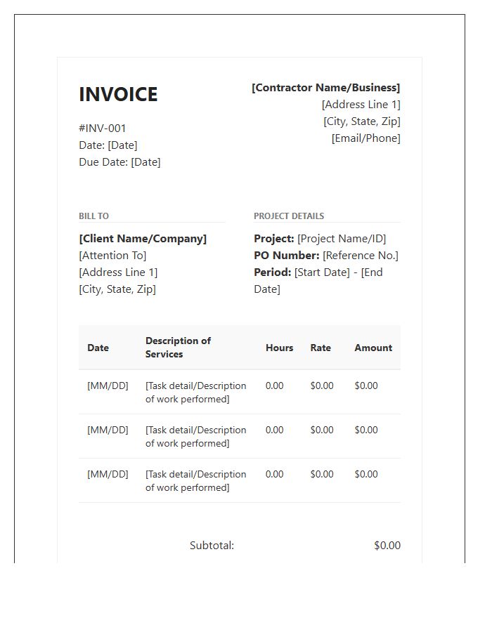 Detailed Independent Contractor Hourly Rate Invoice Template