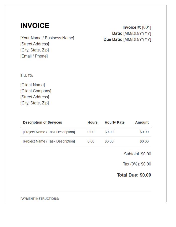 Hourly Rate Invoice Template For Self Employed Contractors