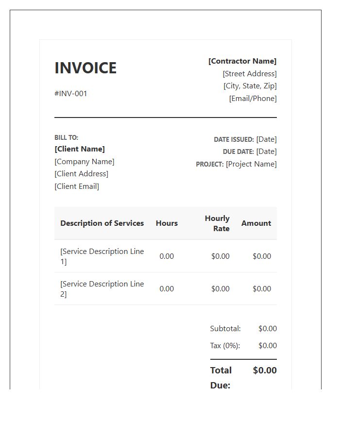 Professional Hourly Rate Invoice Template For Contractors