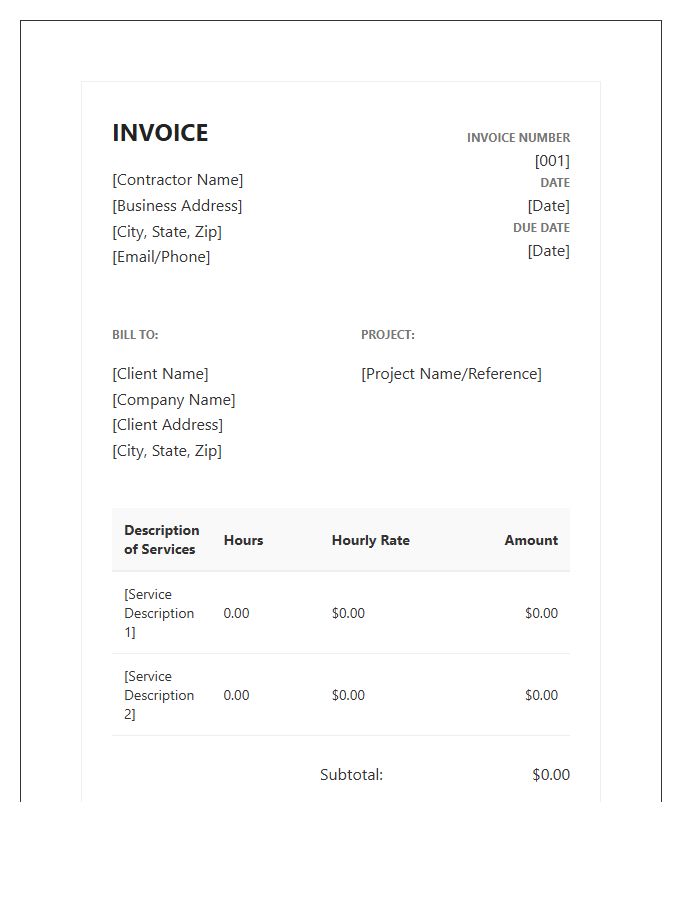 Professional Services Independent Contractor Hourly Rate Invoice Template