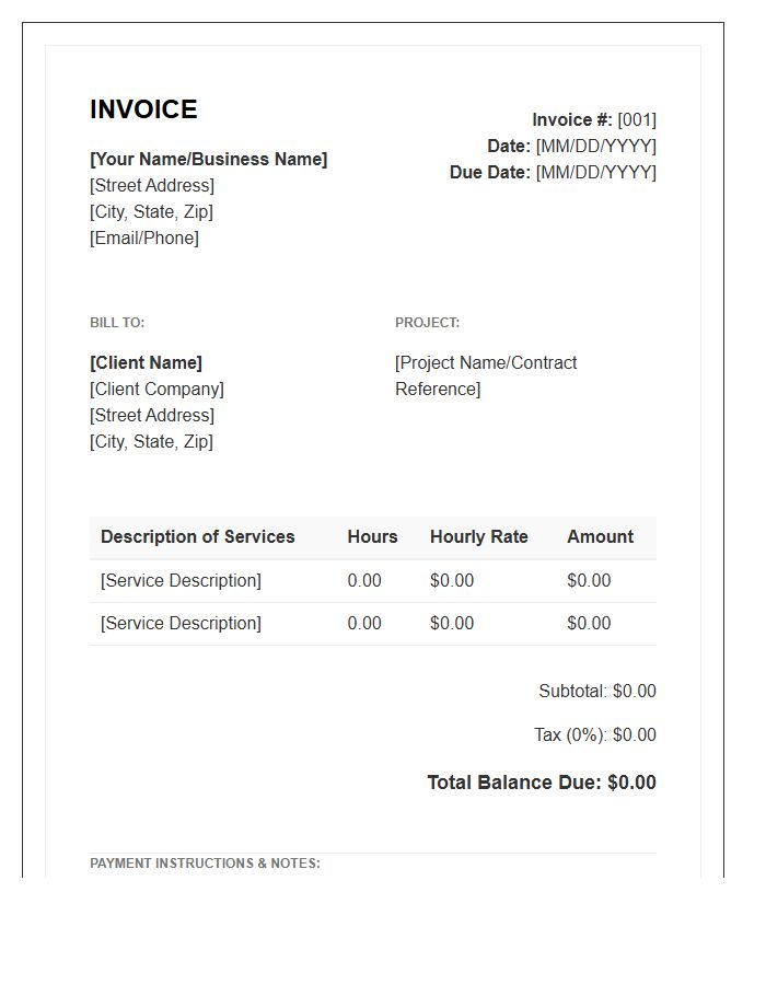 Service Provider Independent Contractor Hourly Rate Invoice Template
