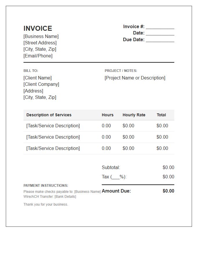 Small Business Independent Contractor Hourly Rate Invoice Template