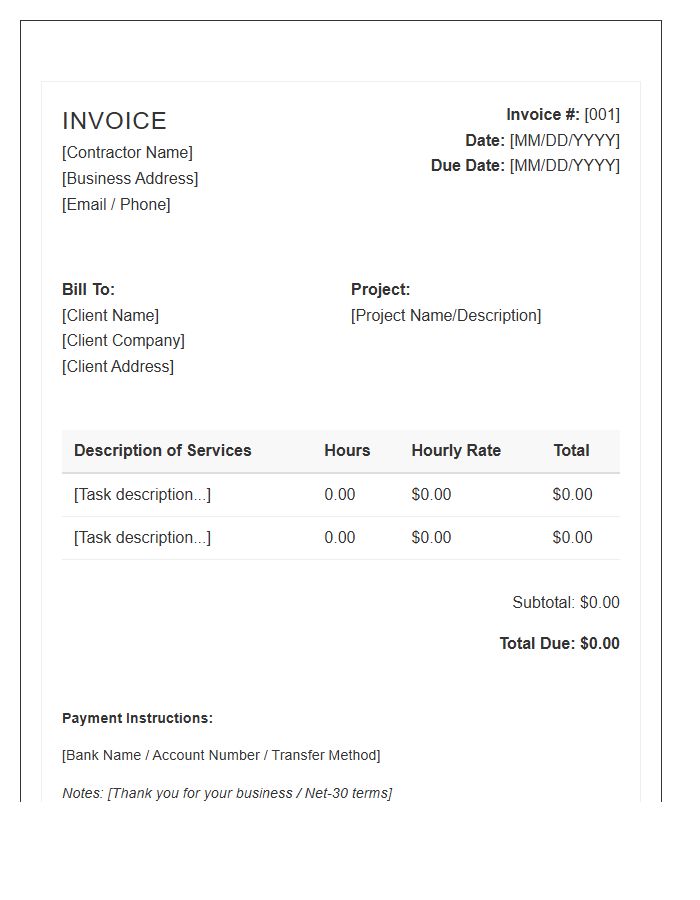 Standard Independent Contractor Hourly Rate Invoice Template