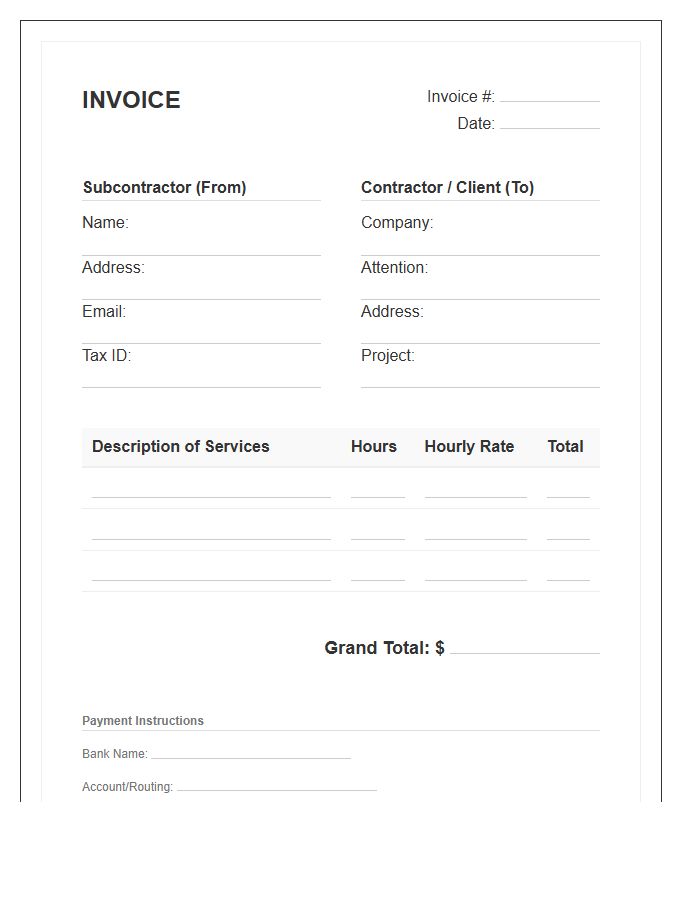 Subcontractor Hourly Rate Invoice Template For Contractors