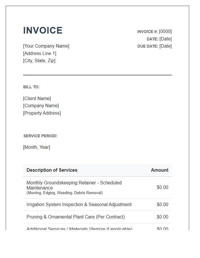 Commercial Groundskeeping Monthly Retainer Invoice Template
