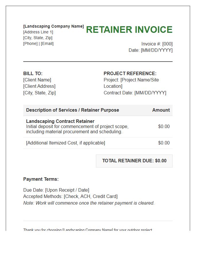 Landscaping Contract Billing Retainer Invoice Template