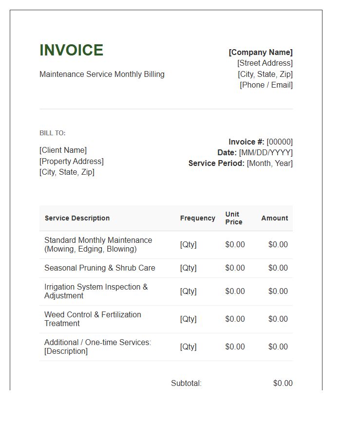 Long Term Landscape Maintenance Monthly Invoice Template