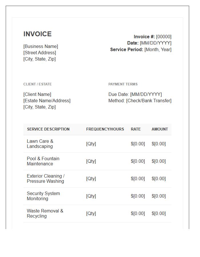 Monthly Estate Maintenance Invoice Template